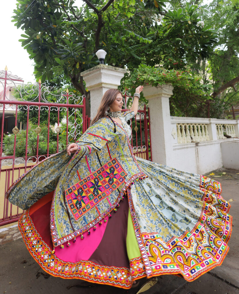 Pastel Blue Floral & Embroidered Navratri 2 layered Lehenga Set