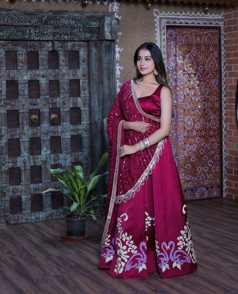 Wine Modal Silk Lehenga Set with Appliqué & Georgette Duppatta