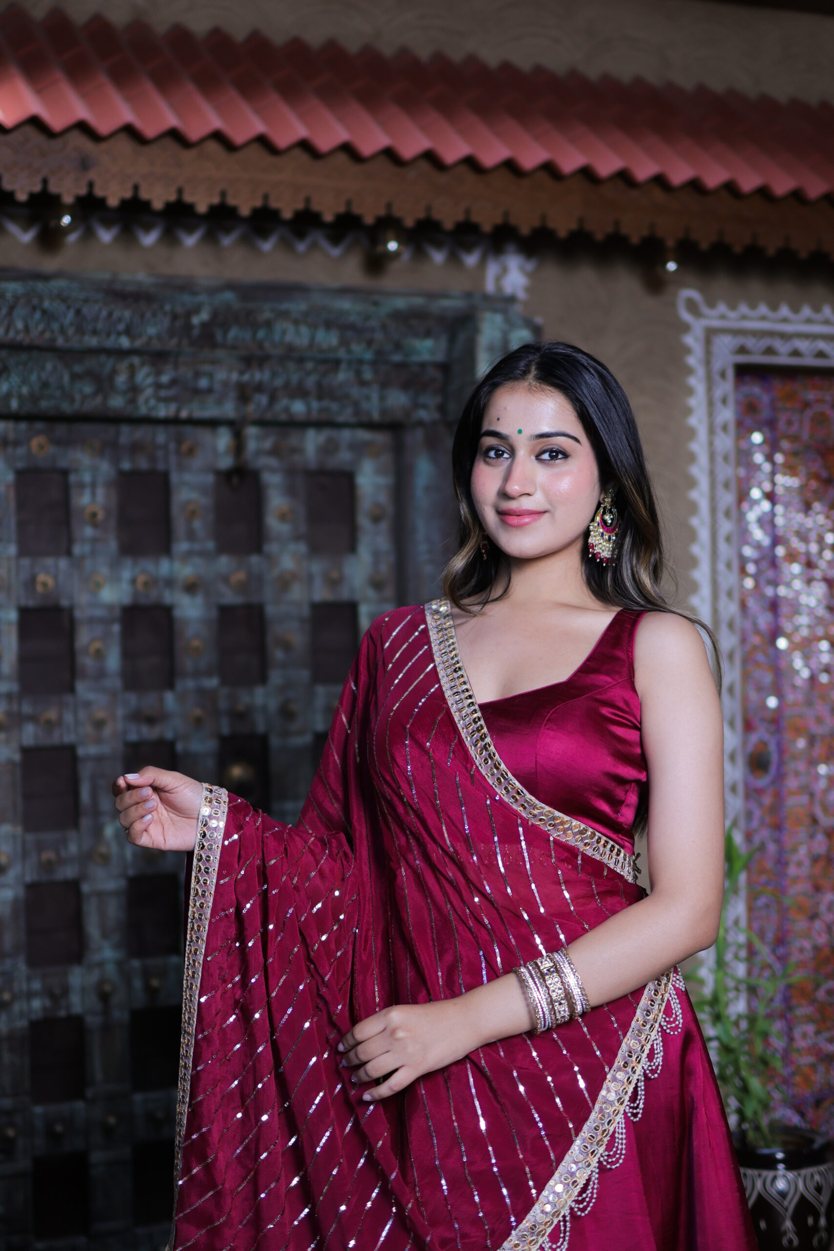 Wine Modal Silk Lehenga Set with Appliqué & Georgette Duppatta