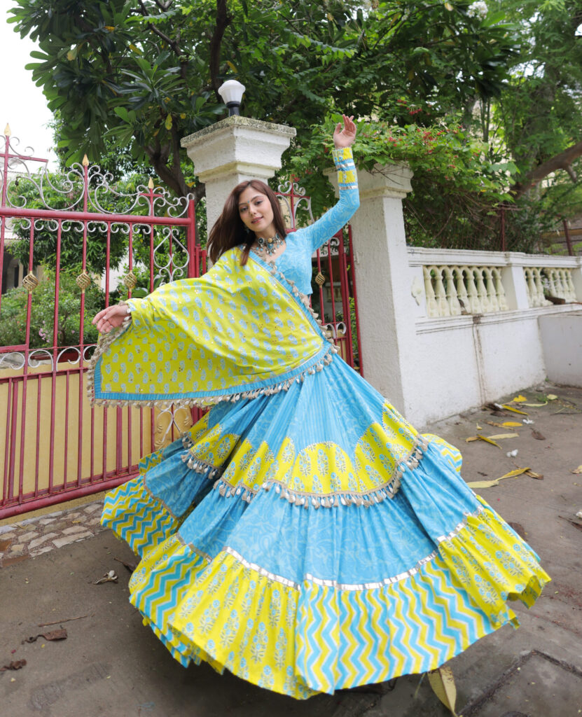 Sky Blue & Lime Yellow Printed Cotton Navratri Lehenga Set