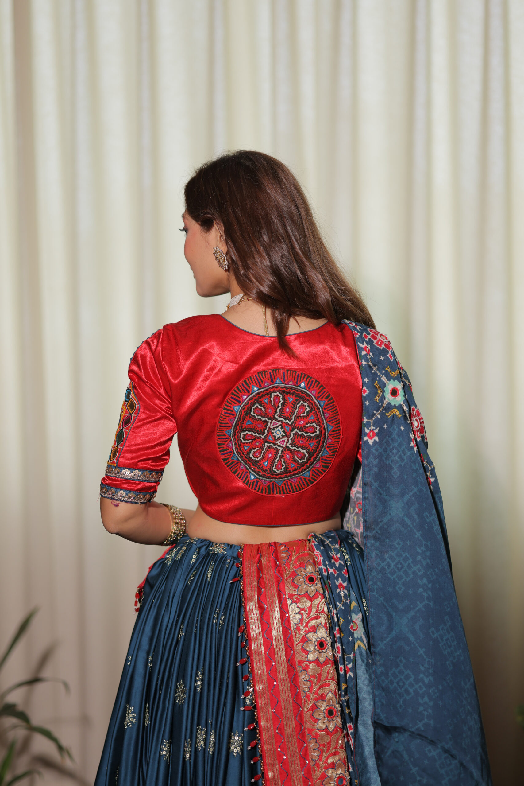 Navy Blue Silk Weave & Red Gaji Silk Navratri Lehenga Set
