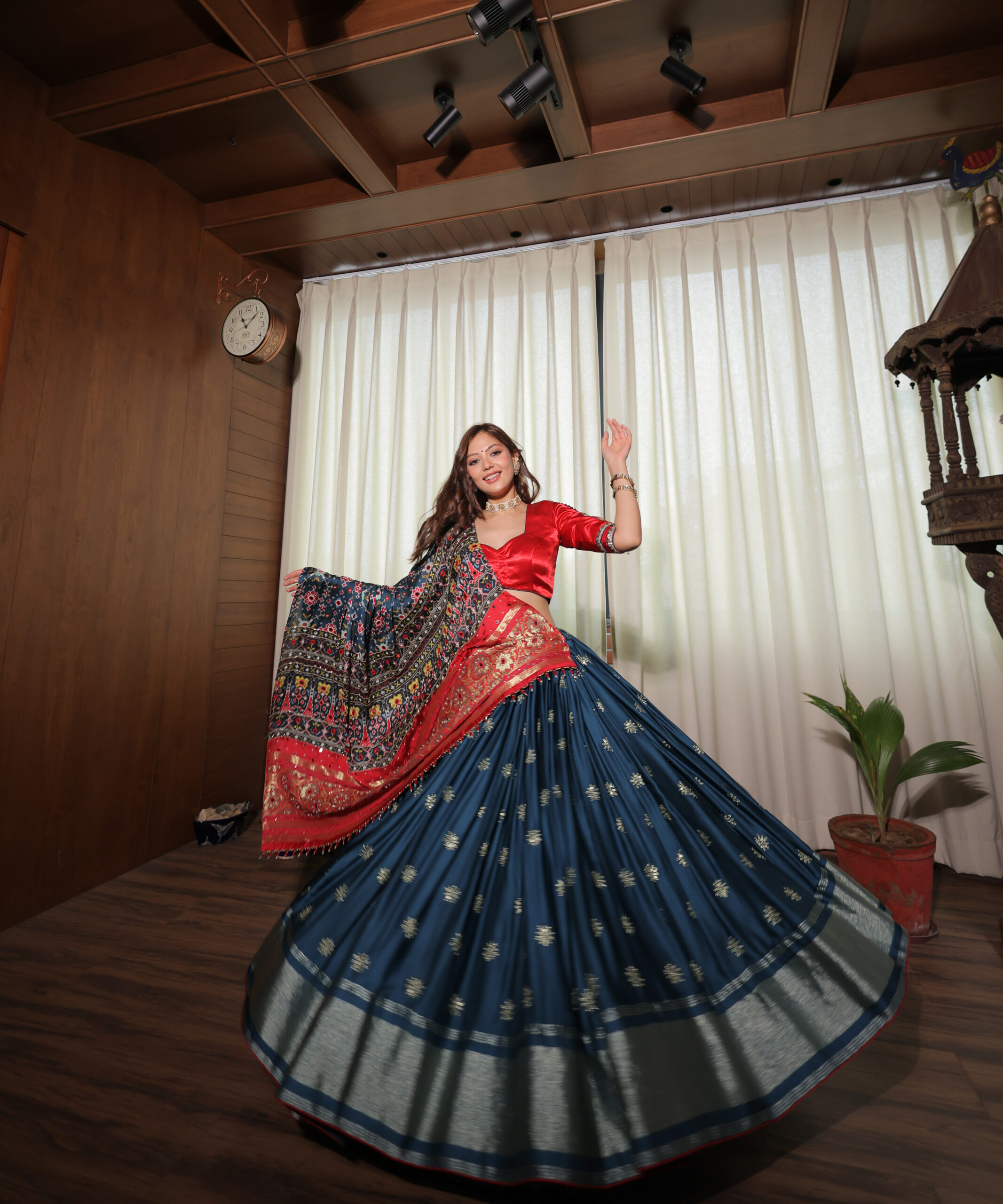 Navy Blue Silk Weave & Red Gaji Silk Navratri Lehenga Set