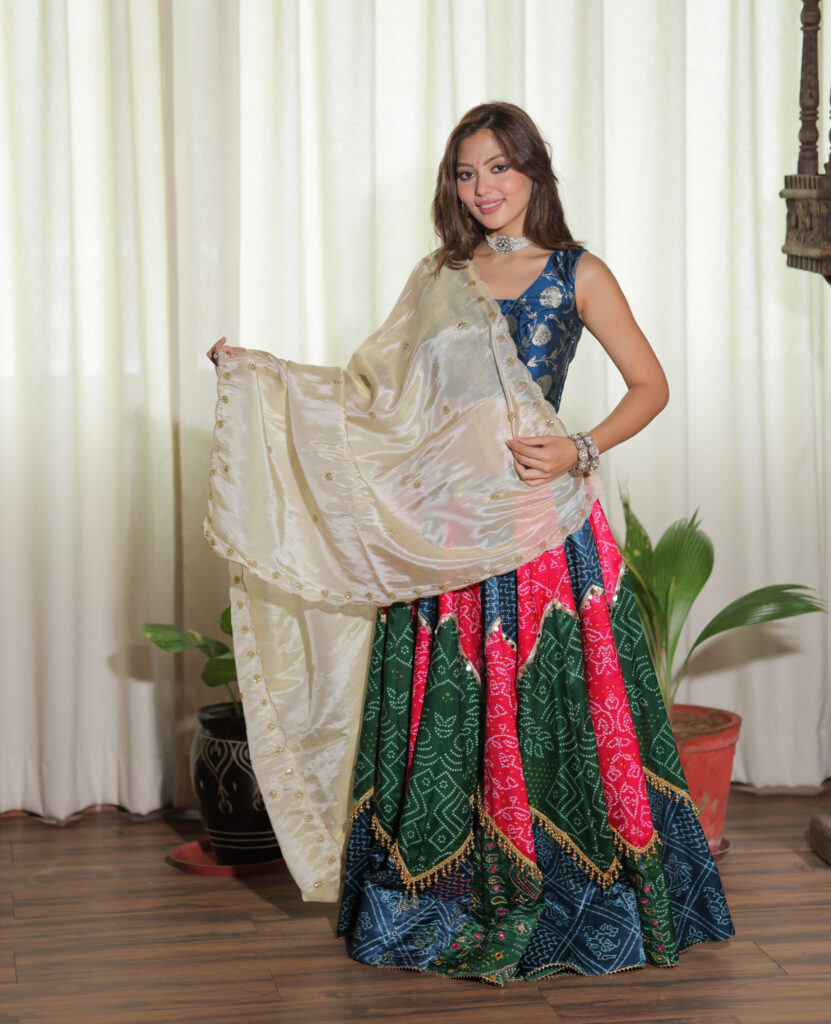 Gaji Silk Bandhani Lehenga Set with Handwork Detailing