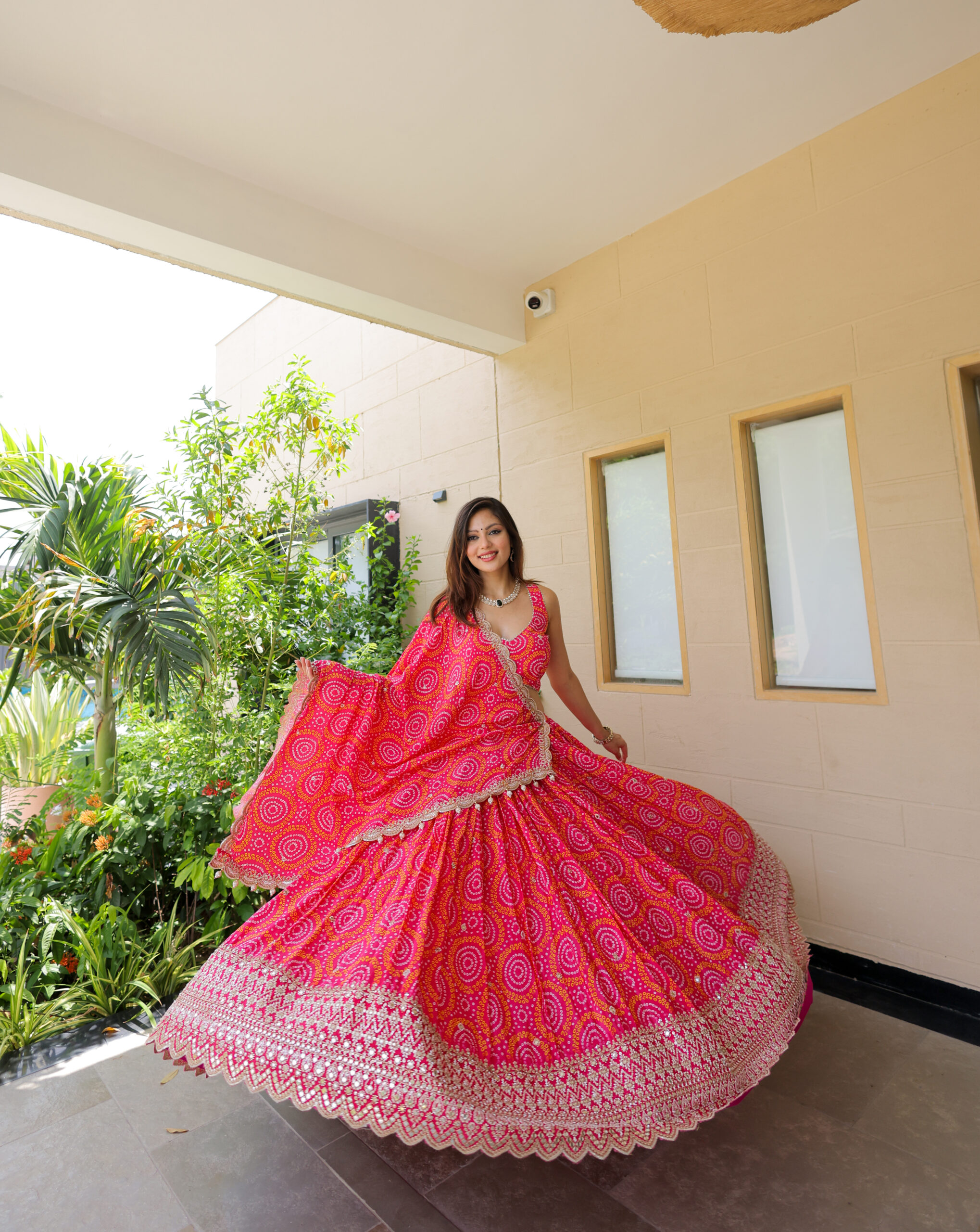 Pink Bandhej Mirror Work Chaniya Choli Set
