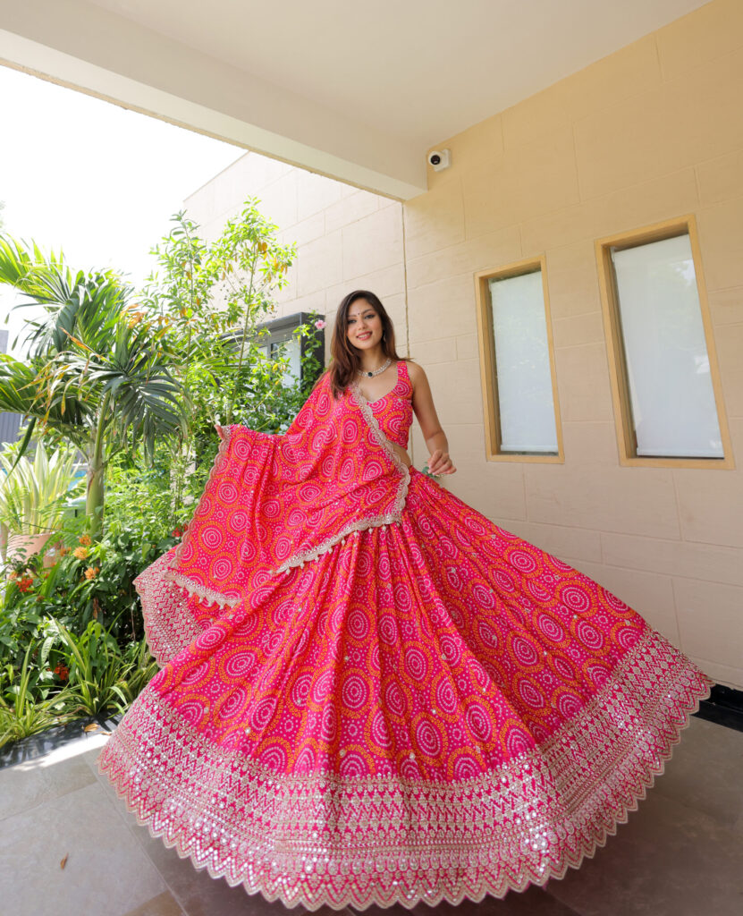 Pink Bandhej Mirror Work Chaniya Choli
