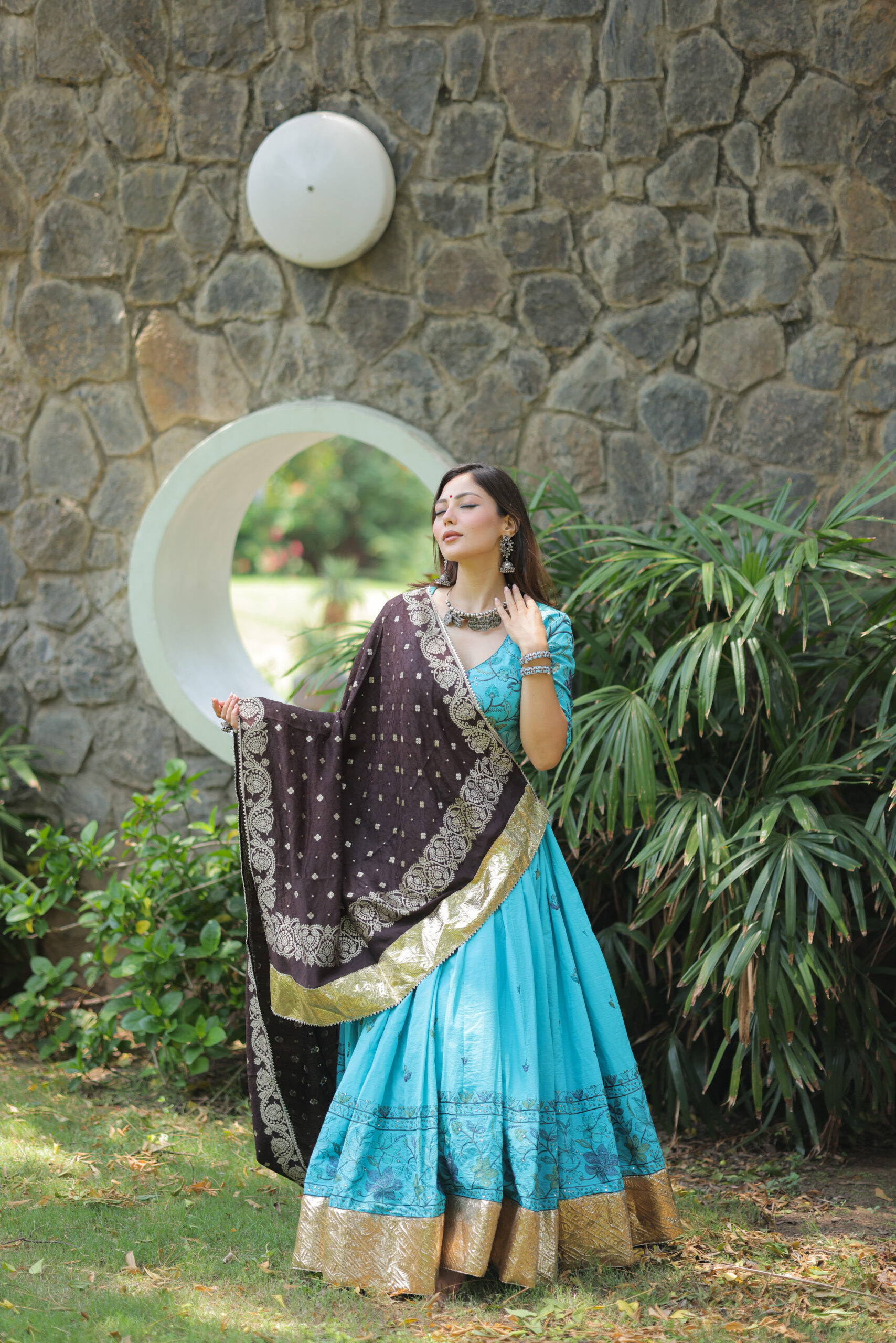Aqua Blue cotton Chaniya Choli with Brocade Blouse & munga silk Dupatta