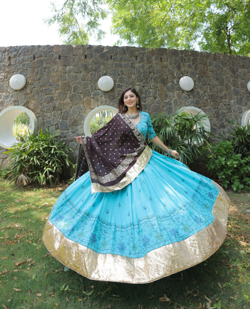 Aqua Blue cotton Chaniya Choli with Brocade Blouse & munga silk Dupatta