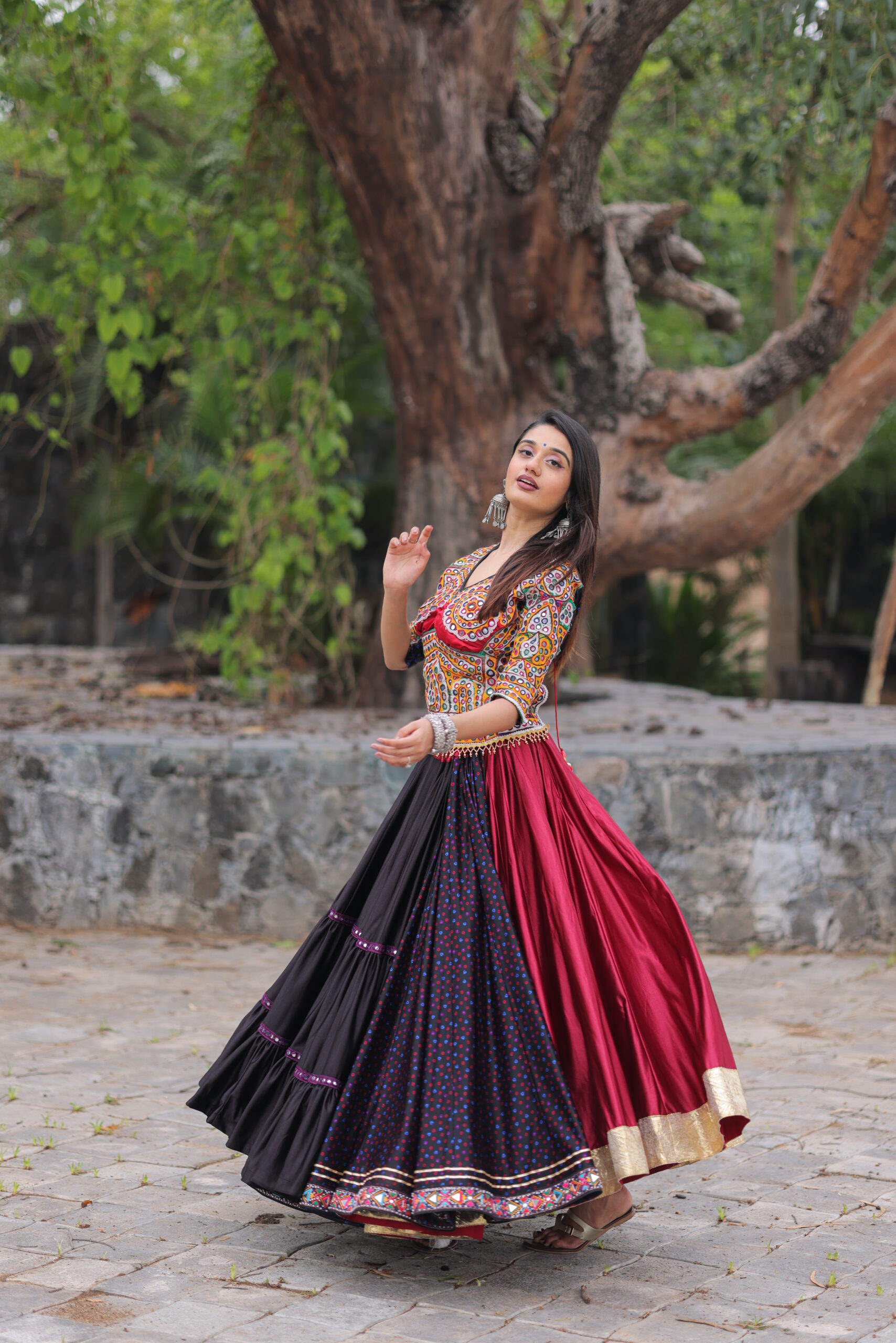Multicolor Embroidered 3-Layered Navratri Lehenga Set
