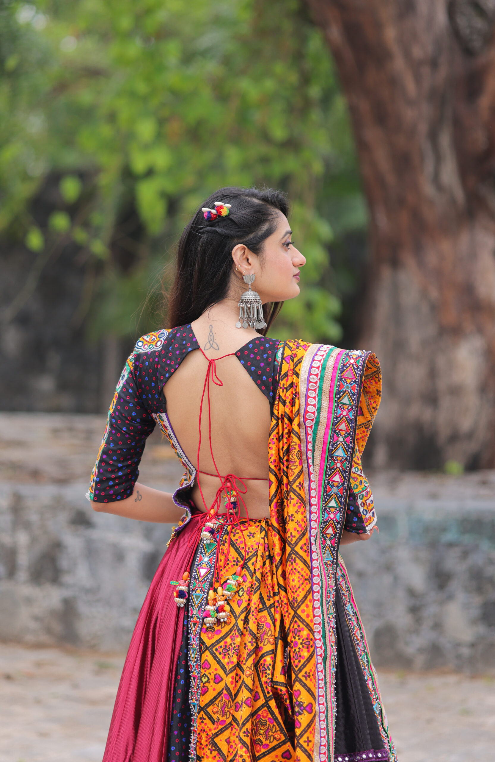 Multicolor Embroidered 3-Layered Navratri Lehenga Set