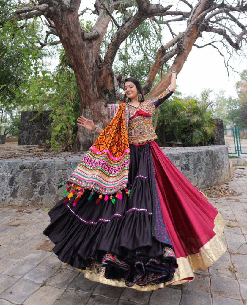 Multicolor Embroidered 3-Layered Navratri Lehenga Set
