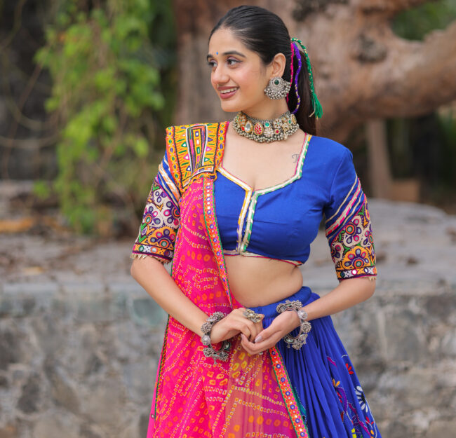 Royal Blue Multicolor Mirrorwork Navratri Lehenga Set
