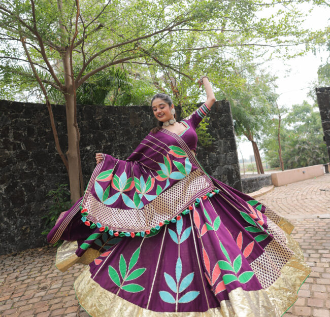 Purple & Green Leaf Motif Navratri Lehenga Set