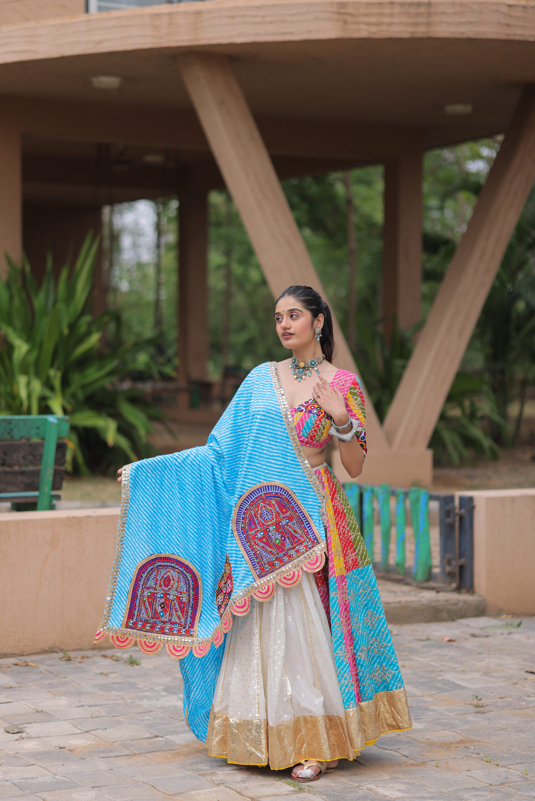 Multicolor Georgette Work Navratri Lehenga Set