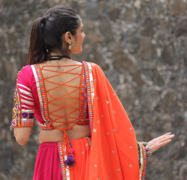 Hot Pink & Orange Traditional Mirrorwork Navratri Lehenga