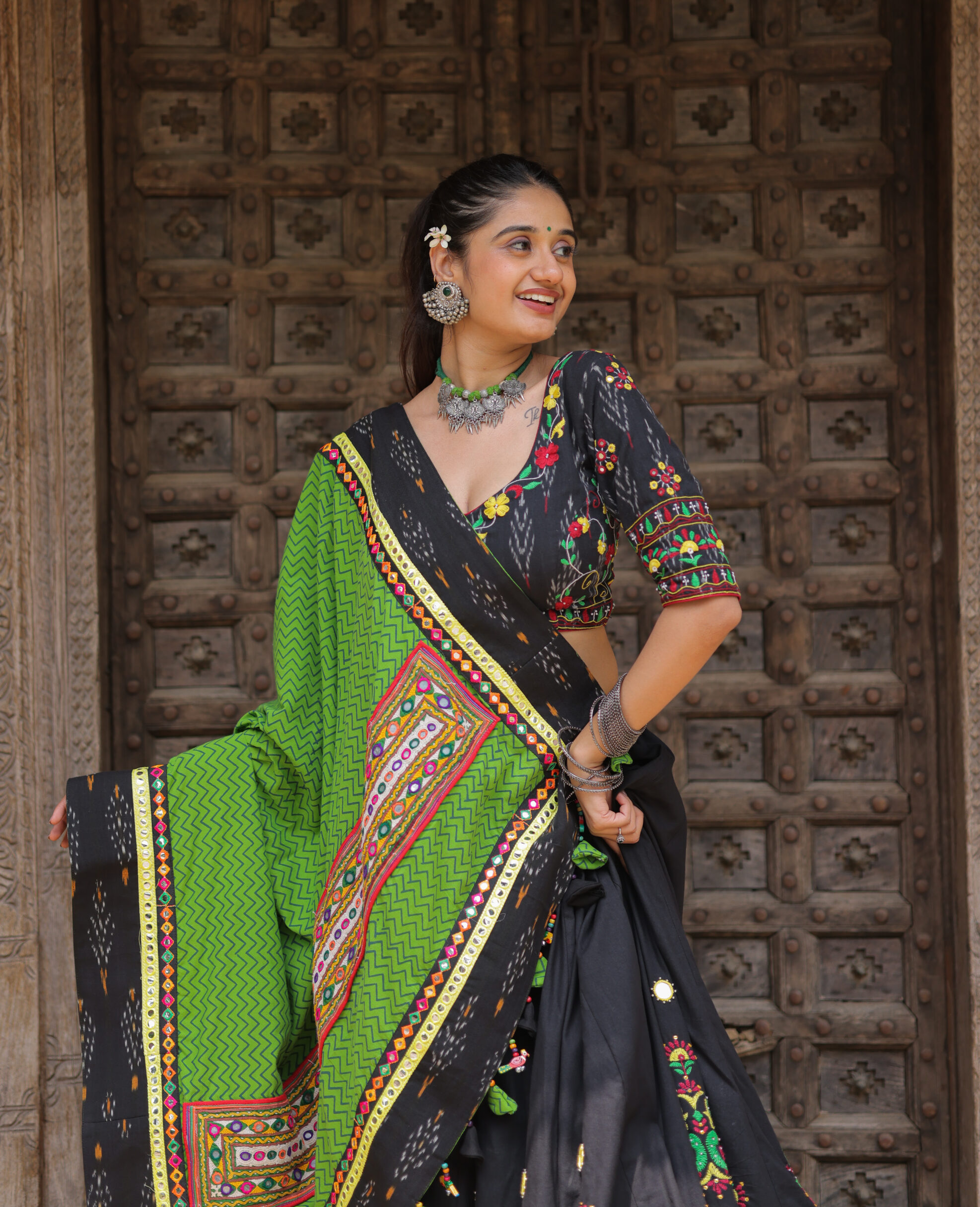 Black & Green Threadwork Navratri Lehenga Set