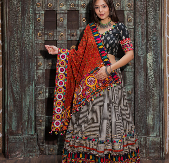 Black & White Striped Navratri Lehenga Set