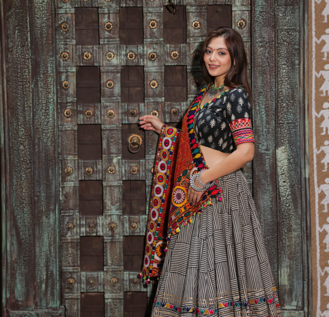 Black & White Striped Navratri Lehenga Set