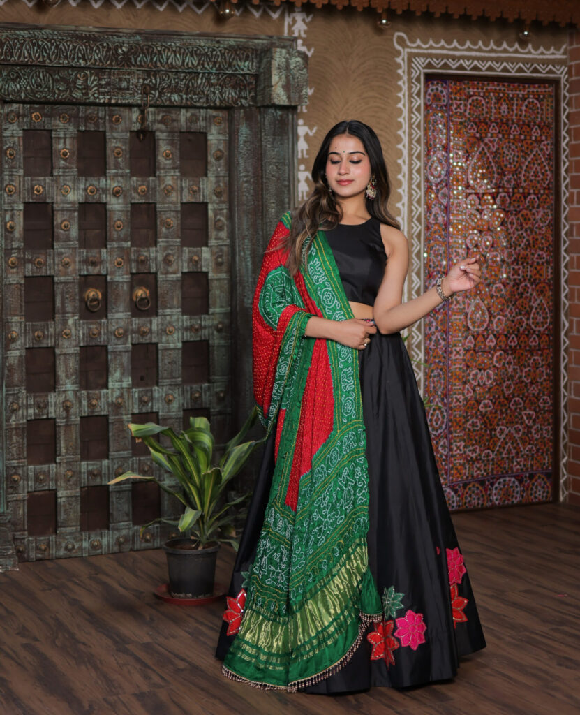 Black Modal Silk Appliqué Lehenga Set with Traditional Bandhej Dupatta