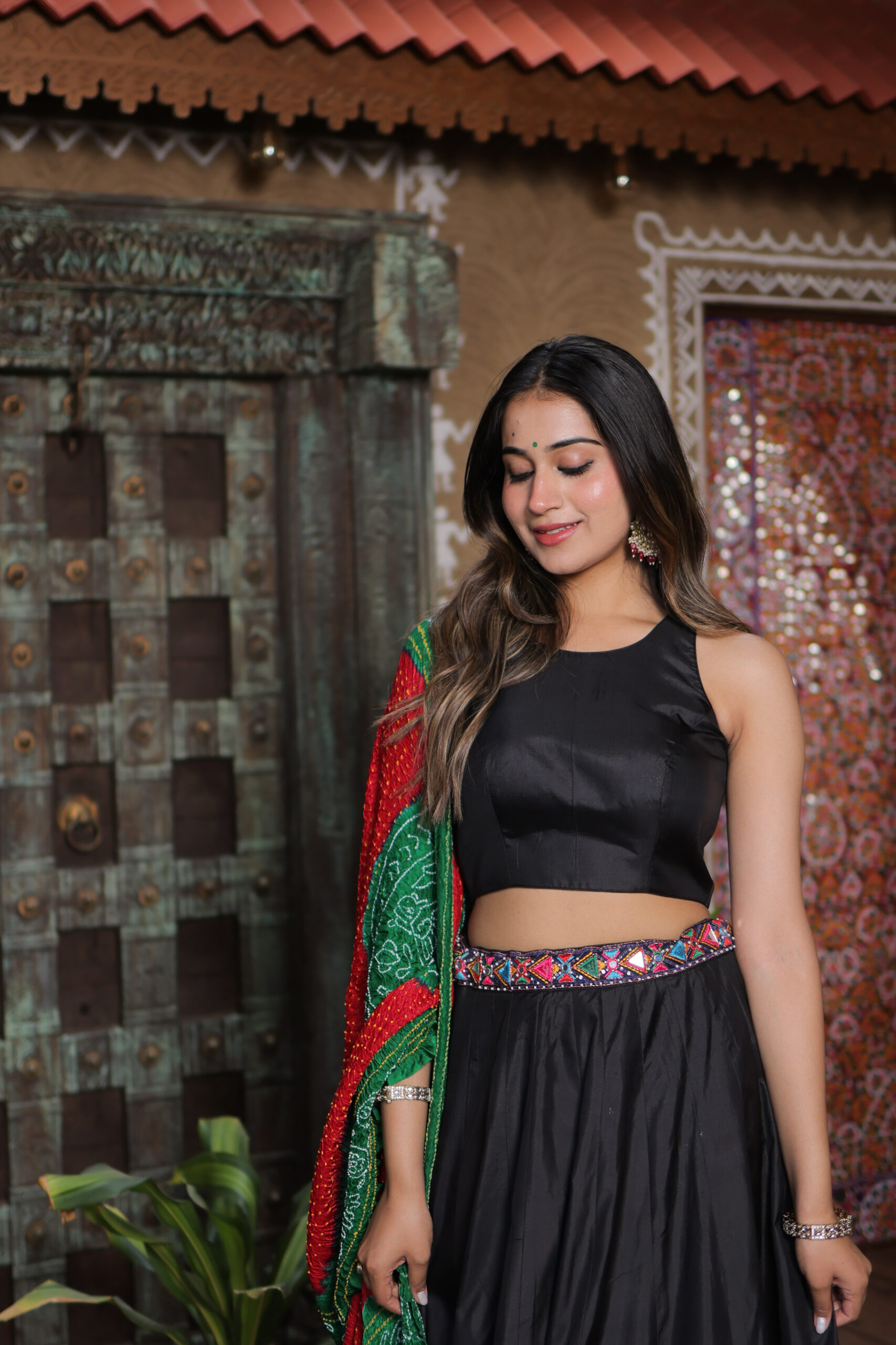 Black Modal Silk Appliqué Lehenga Set with Traditional Bandhej Dupatta