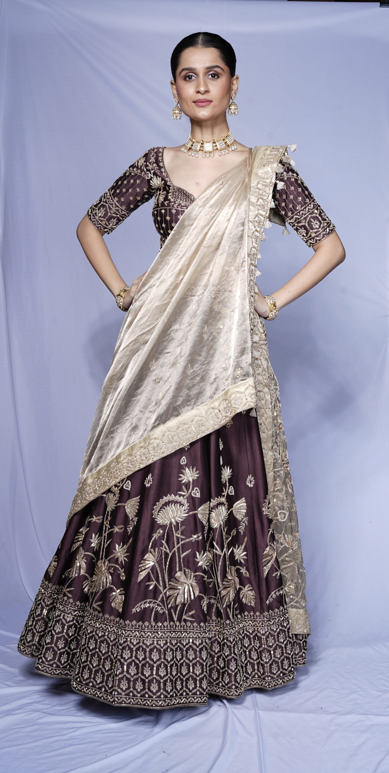 Deep Brown Modal Silk Lehenga Set with Tissue Dupatta