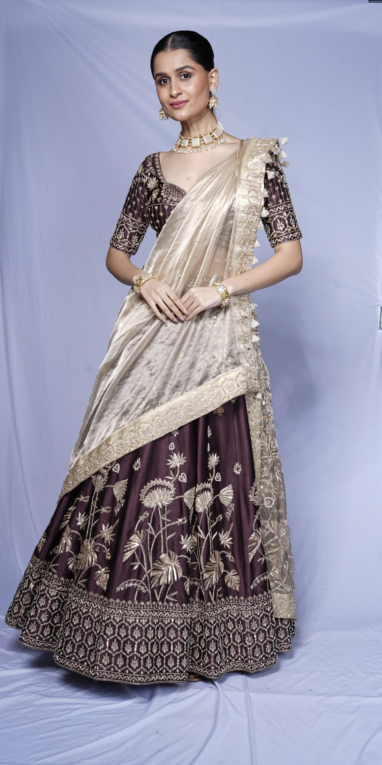 Deep Brown Modal Silk Lehenga Set with Tissue Dupatta