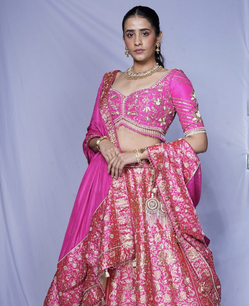 Rani Pink Banarasi Silk Lehenga Set.