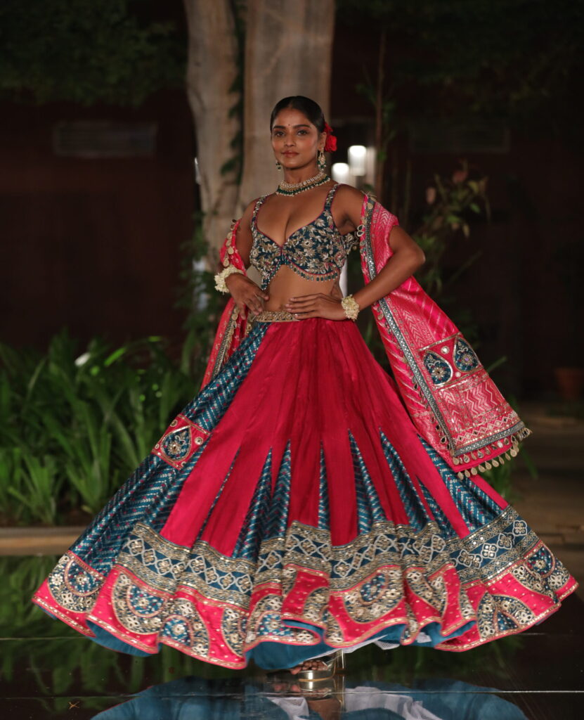 Hot Pink and Teal Hand-Embroidered Silk Lehenga Set