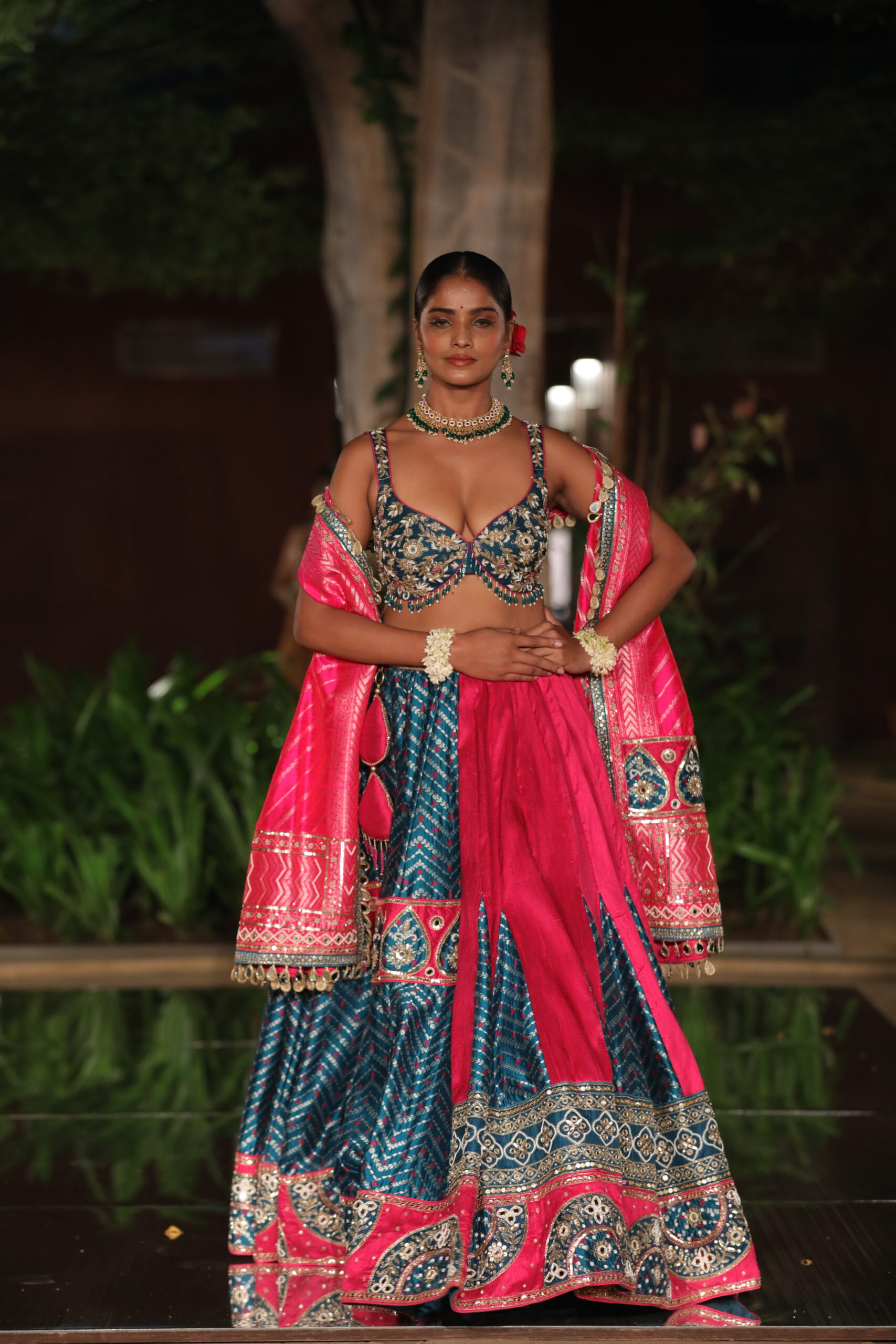 Hot Pink and Teal Hand-Embroidered Silk Lehenga Set