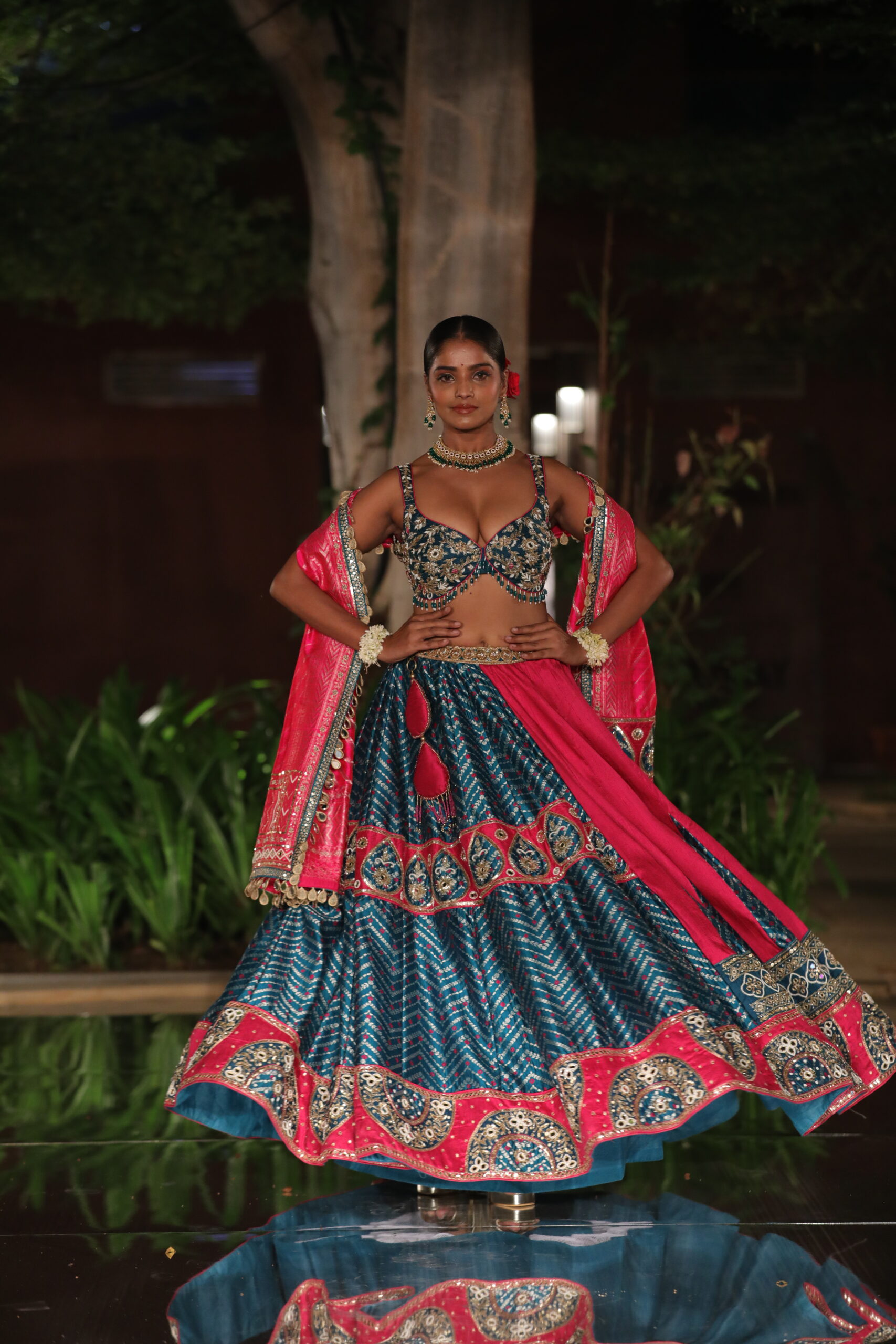 Hot Pink and Teal Hand-Embroidered Silk Lehenga Set