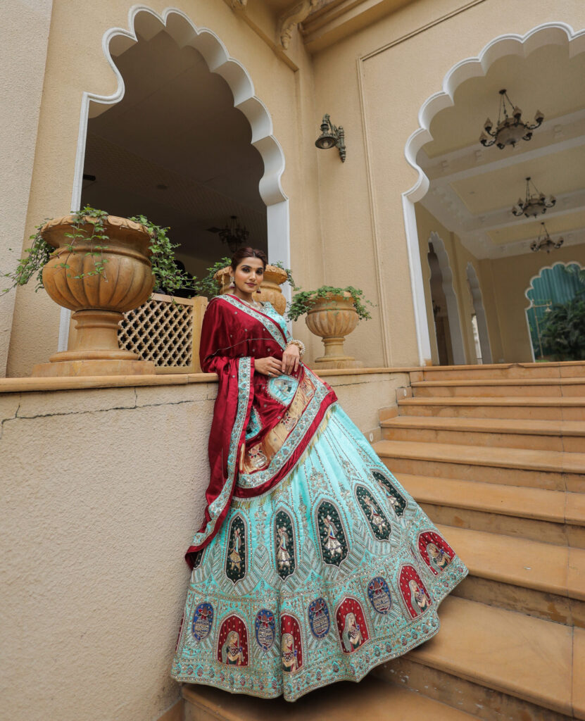 Sky Blue Raw Silk Lehenga Set with Maroon Gaji Silk Dupatta