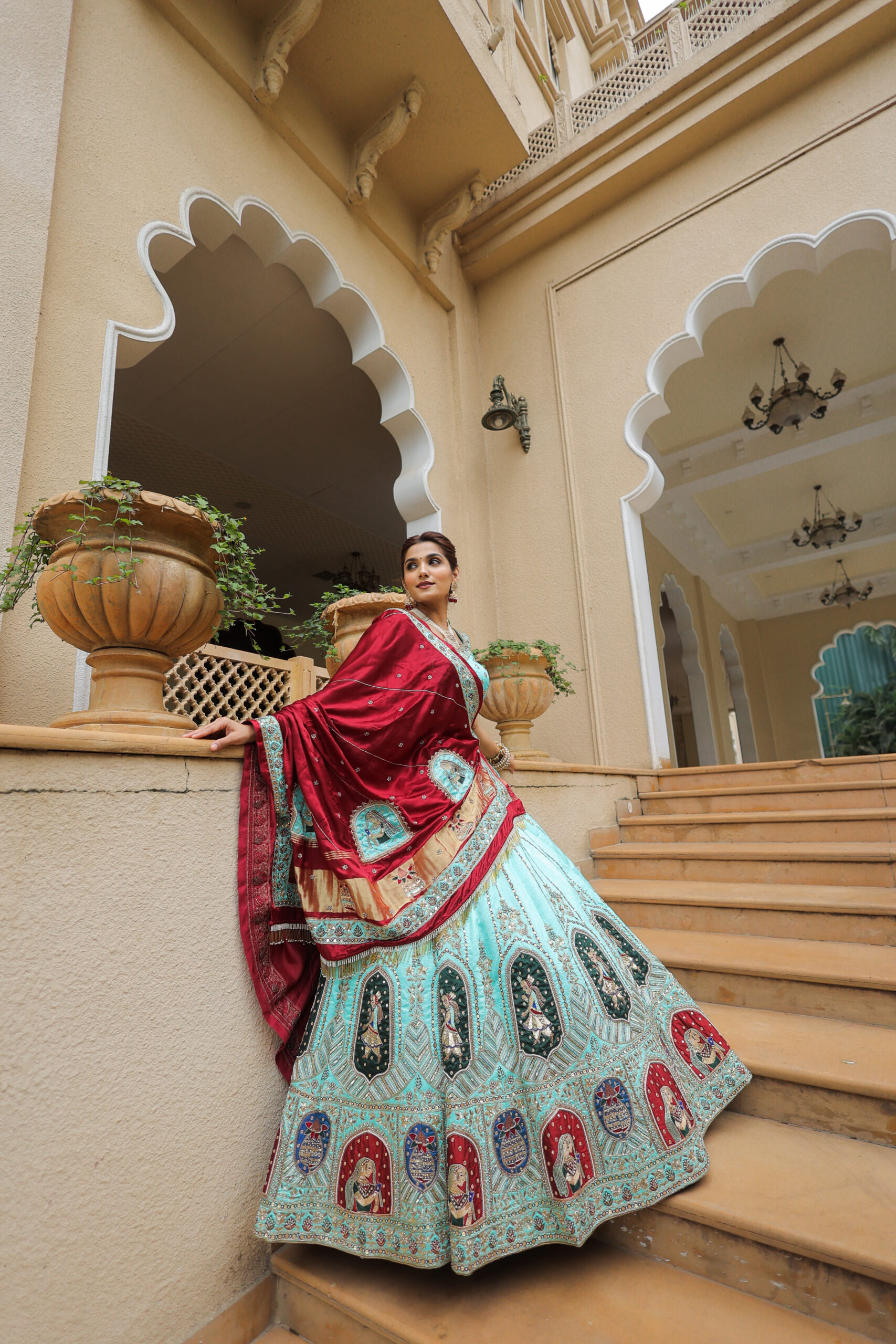 Sky Blue Raw Silk Lehenga Set with Maroon Gaji Silk Dupatta