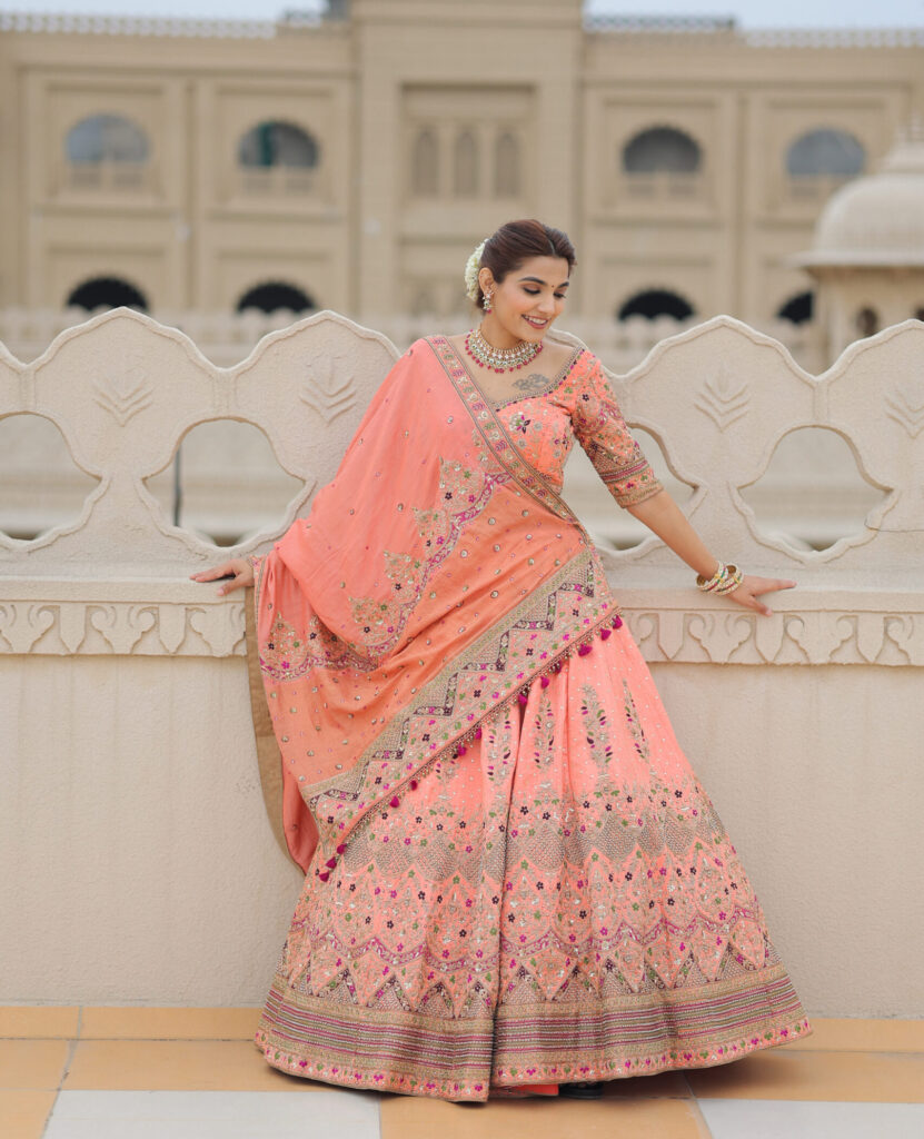 Raw Silk Bridal Lehenga Set with Embellished Dupatta