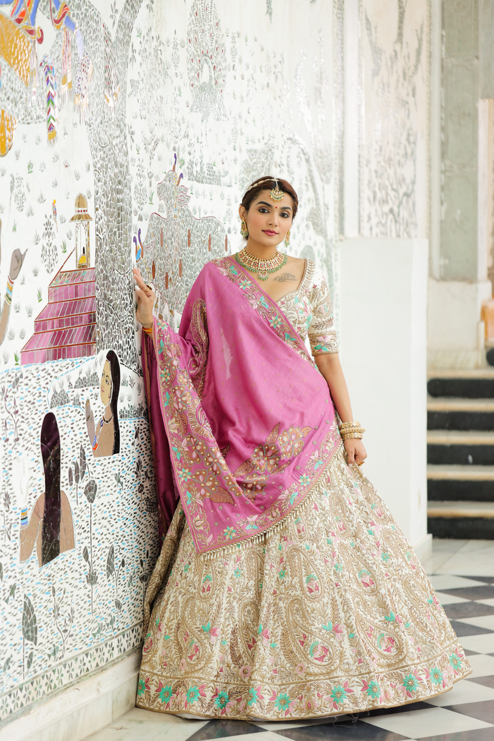 Ivory Raw Silk Bridal Lehenga Set with Pink Dupatta