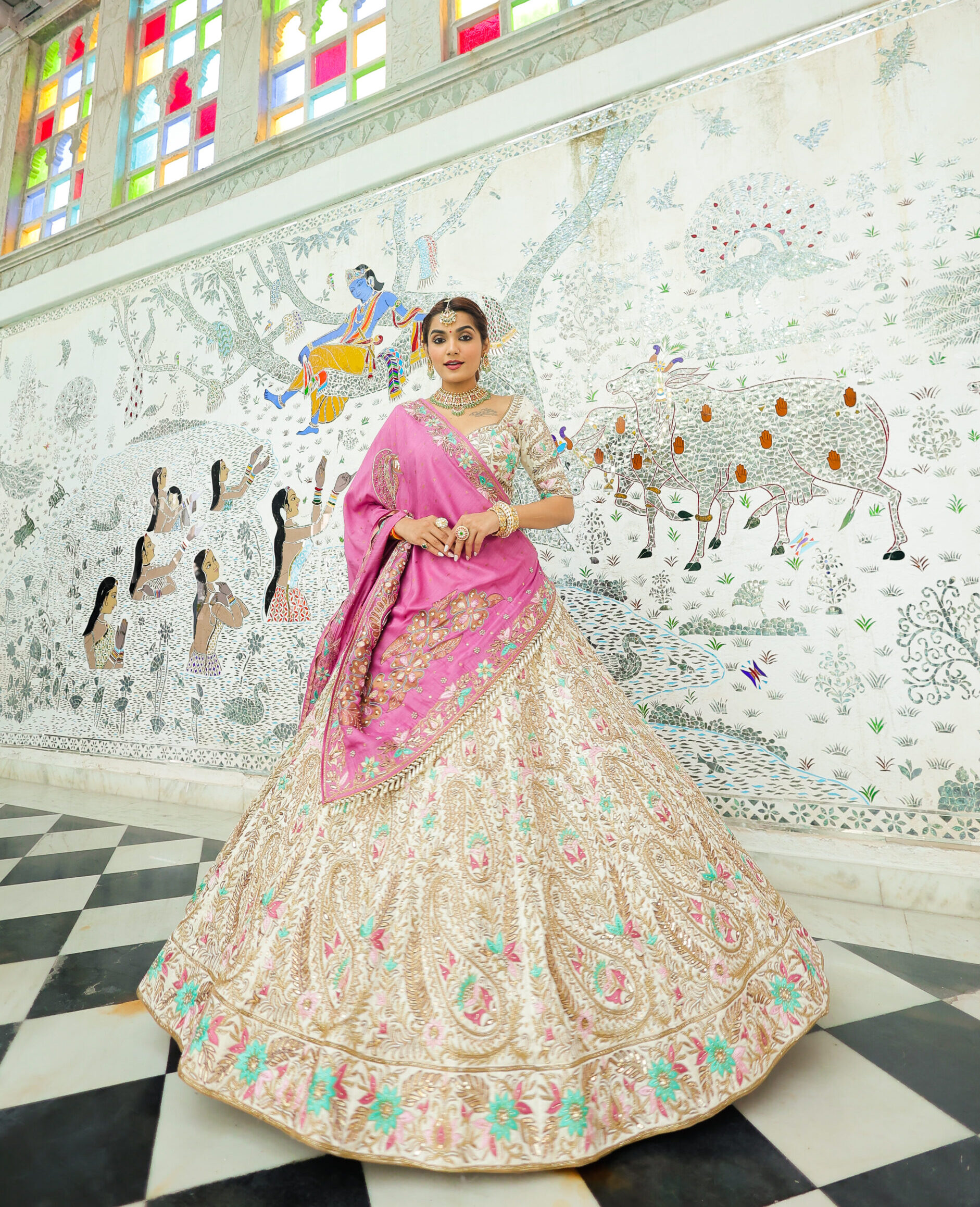 Ivory Raw Silk Bridal Lehenga Set with Pink Dupatta