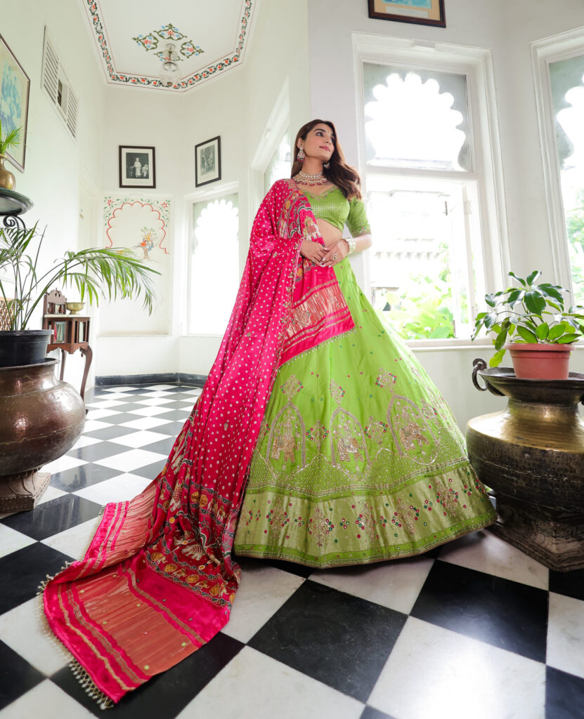Lime Green Modal Silk Lehenga Set.
