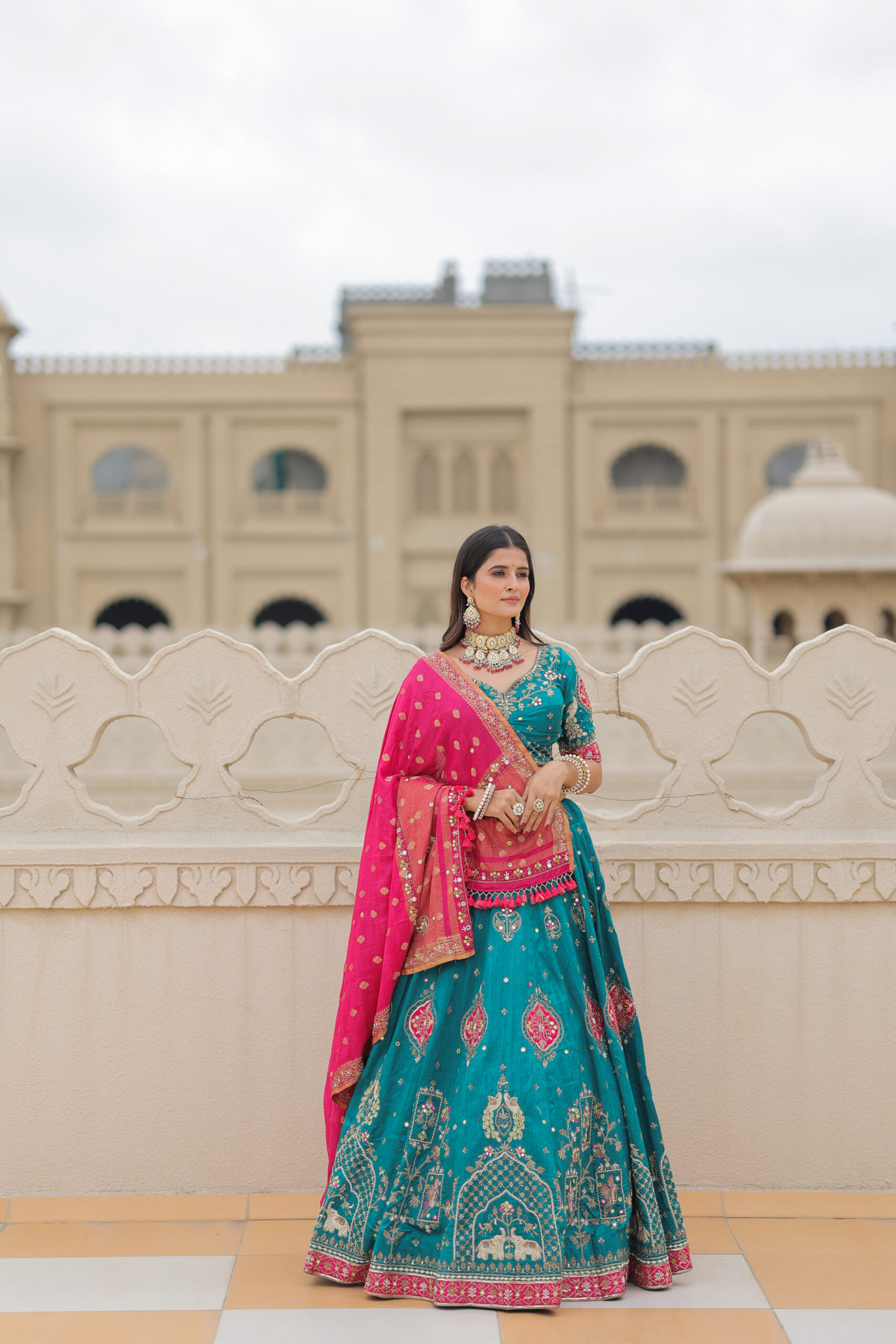 Rama Blue Raw Silk Lehenga Set with Rani Munga Silk Dupatta