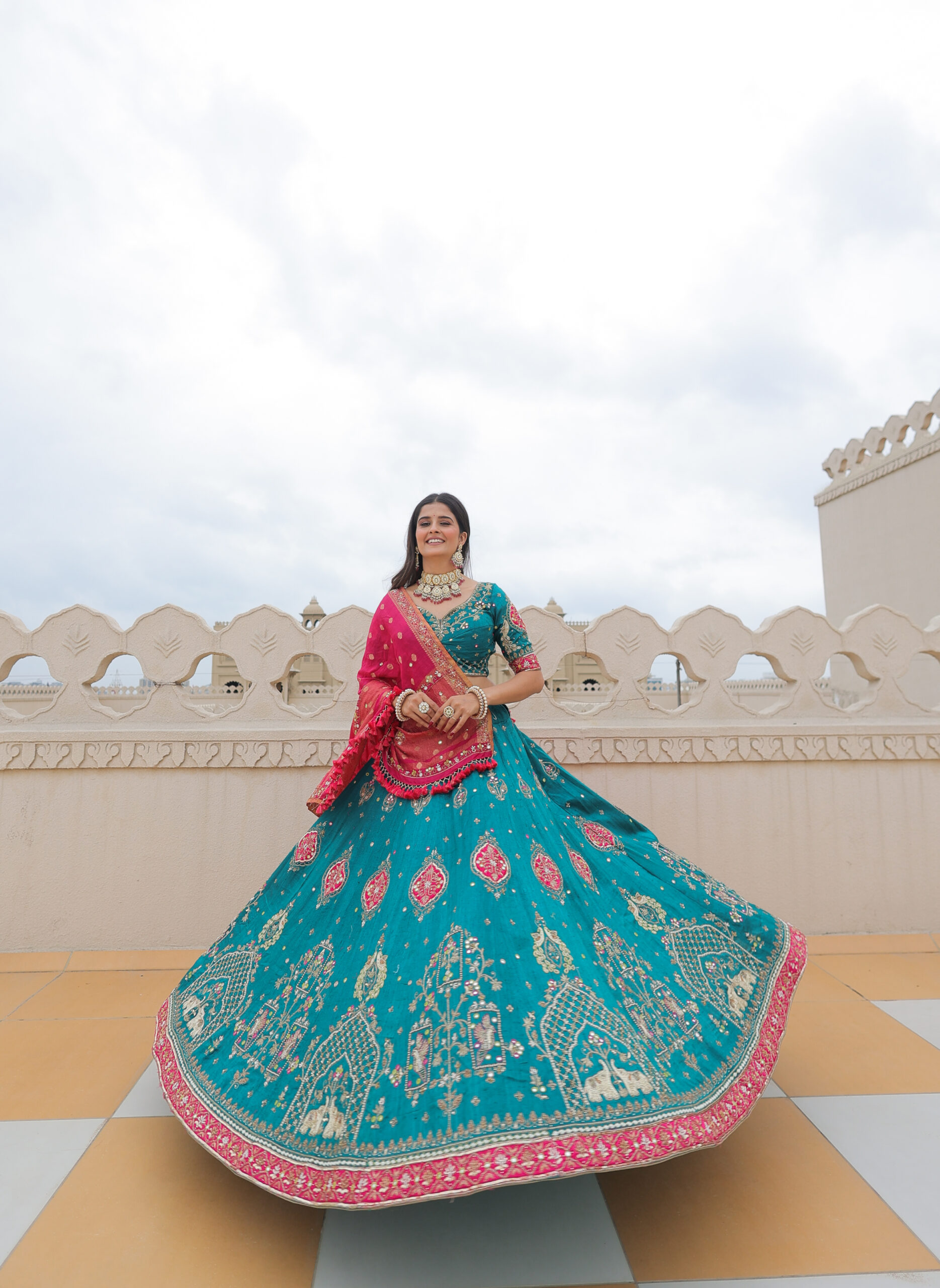 Rama Blue Raw Silk Lehenga Set with Rani Munga Silk Dupatta