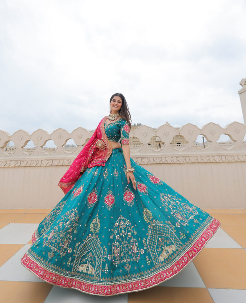 Rama Blue Raw Silk Lehenga Set with Rani Munga Silk Dupatta