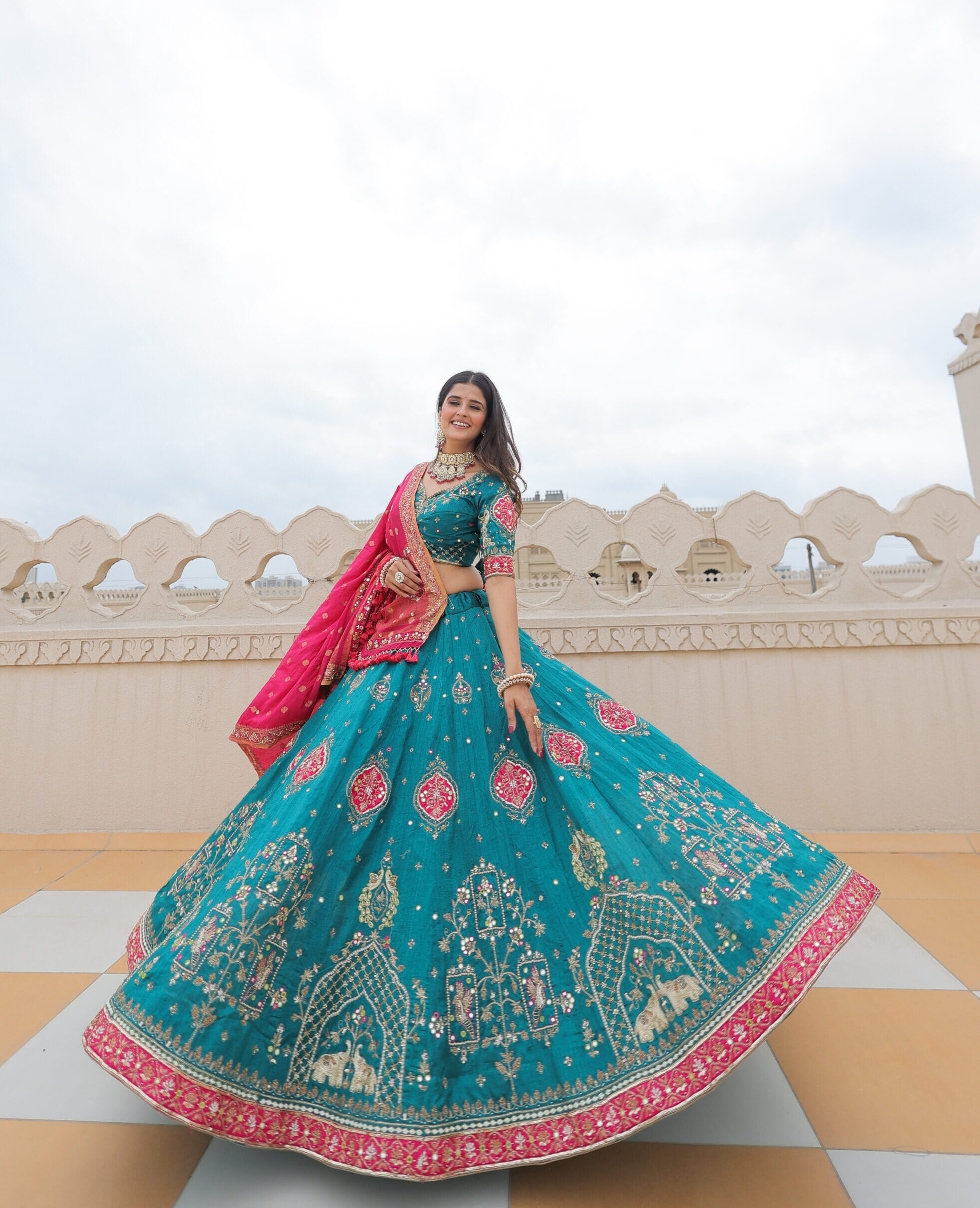 Rama Blue Raw Silk Lehenga Set with Rani Munga Silk Dupatta