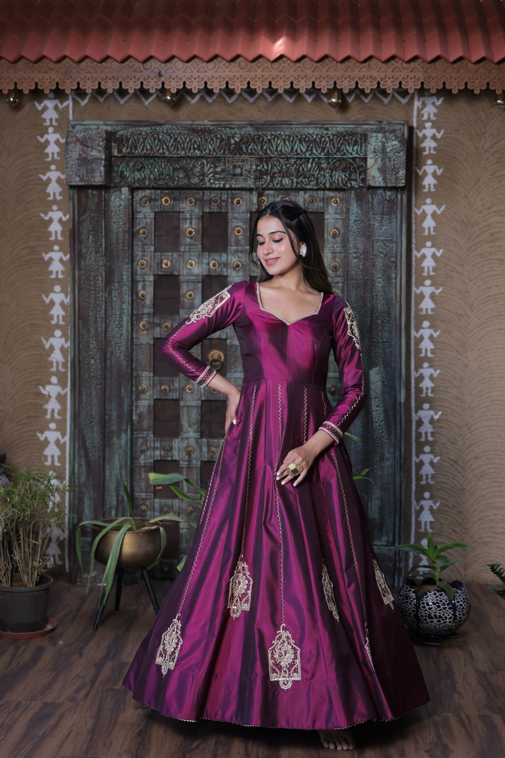 Magenta Pure Silk Gown with Big Motif Embroidery & 4-Meter Flair