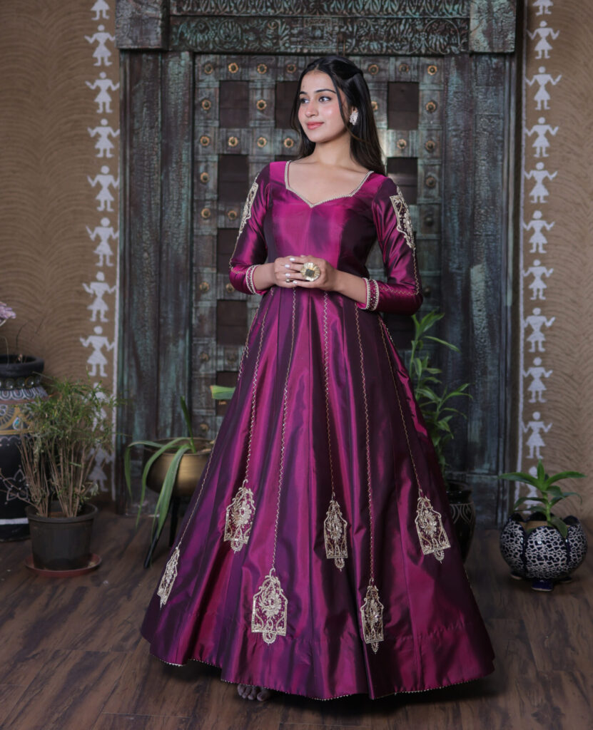 Magenta Pure Silk Gown with Big Motif Embroidery & 4-Meter Flair
