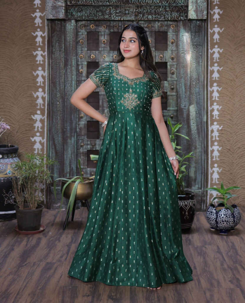 Emerald Green pure munga Silk Gown with Moti Tikki Embroidery & 4-Meter Flair
