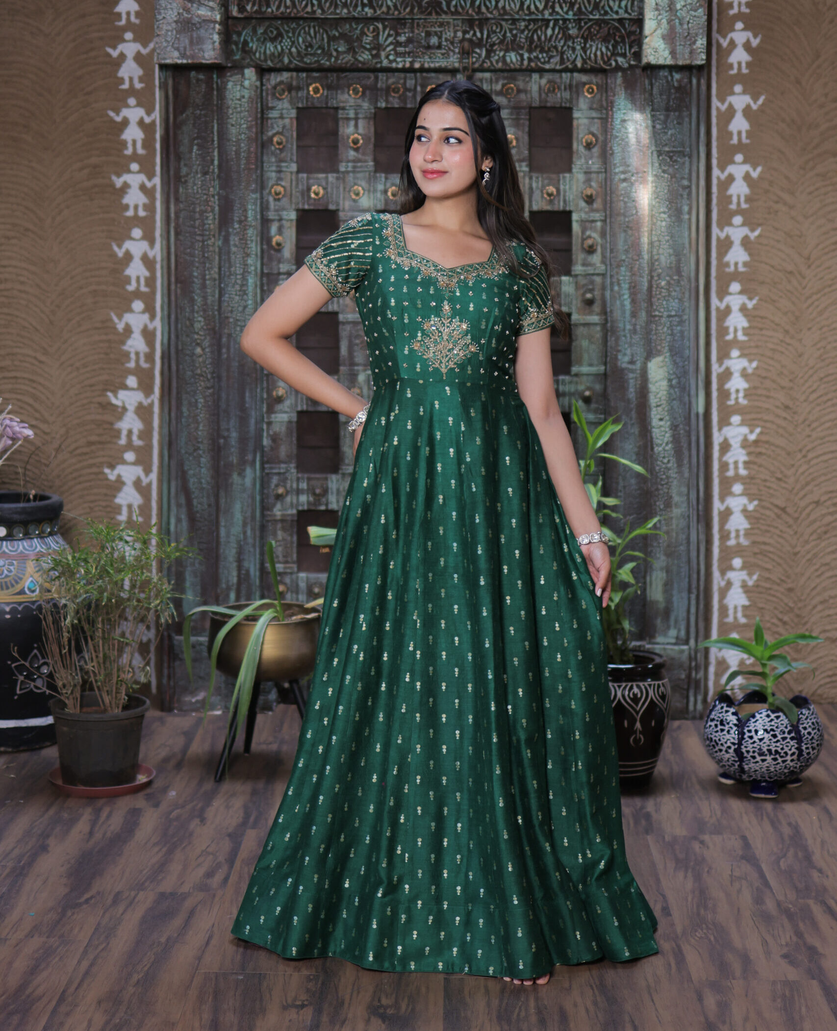 Emerald Green pure munga Silk Gown with Moti Tikki Embroidery & 4-Meter Flair