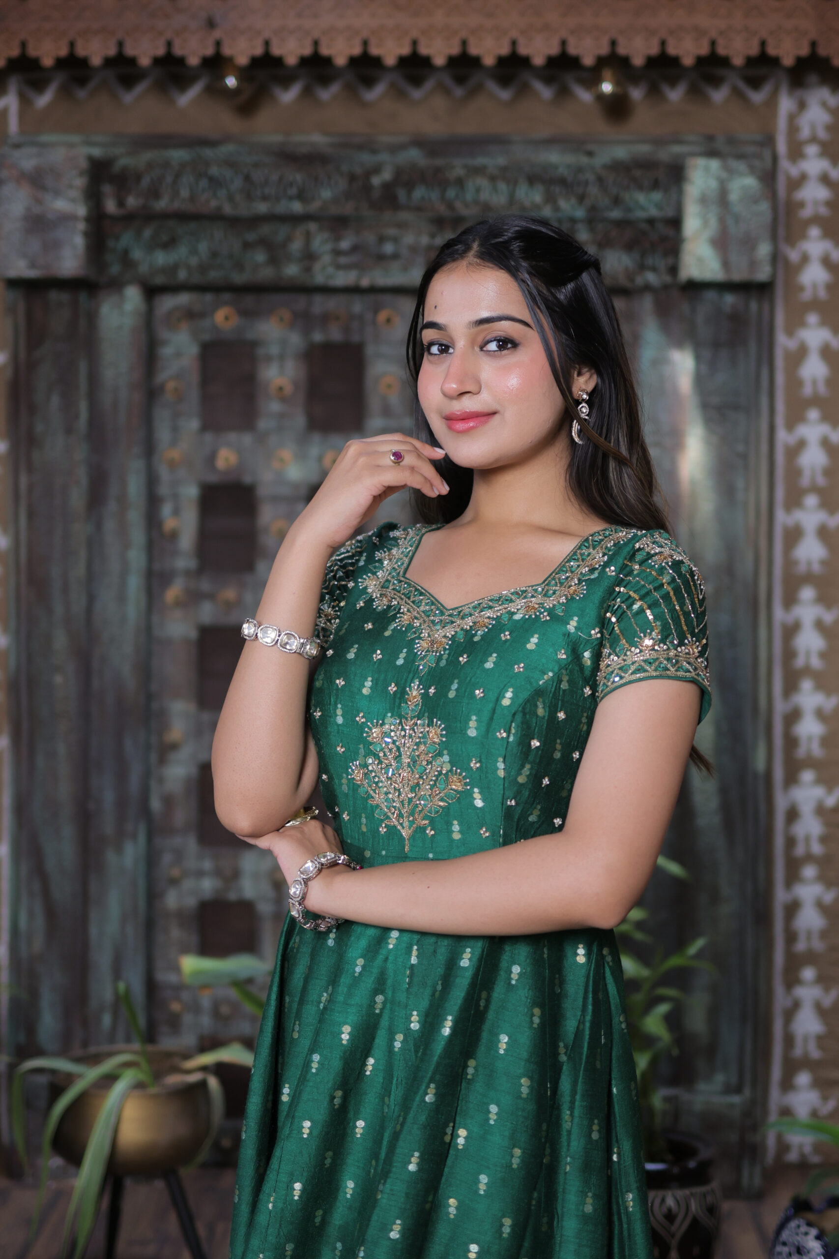 Emerald Green pure munga Silk Gown with Moti Tikki Embroidery & 4-Meter Flair