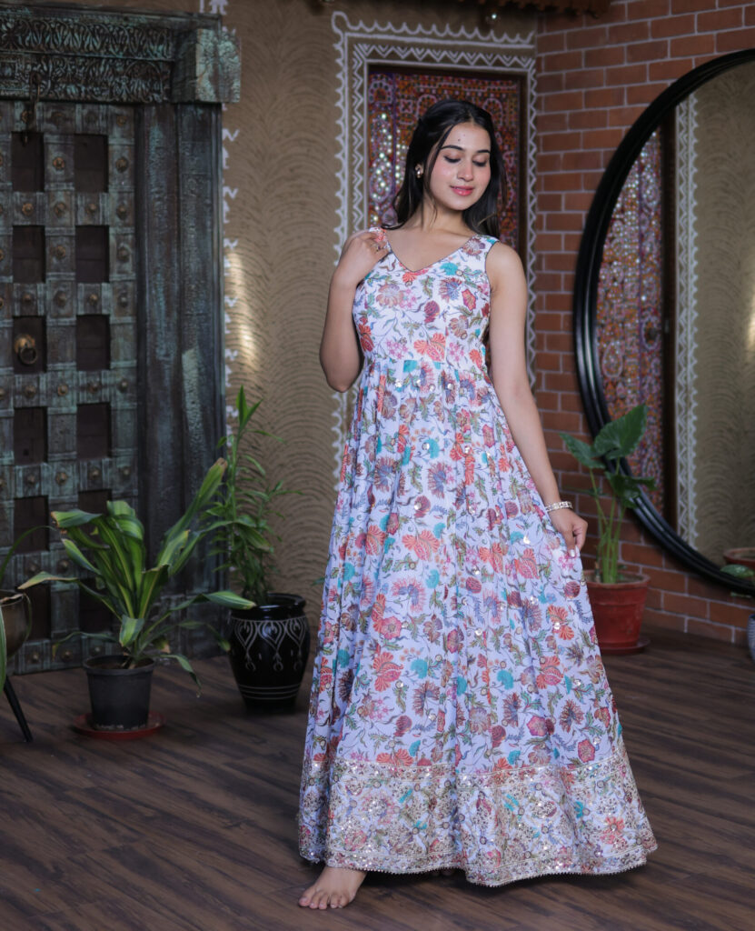 White Floral Georgette Gown with Computer Work