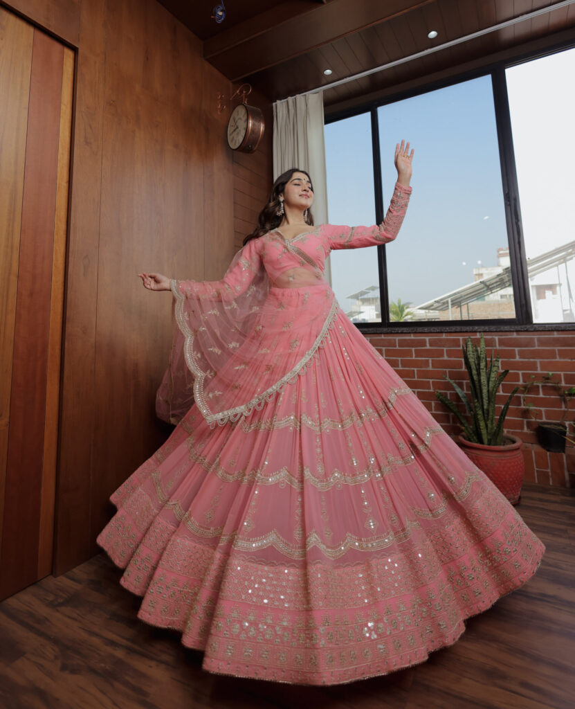 Baby Pink Net Embroidered Lehenga Set