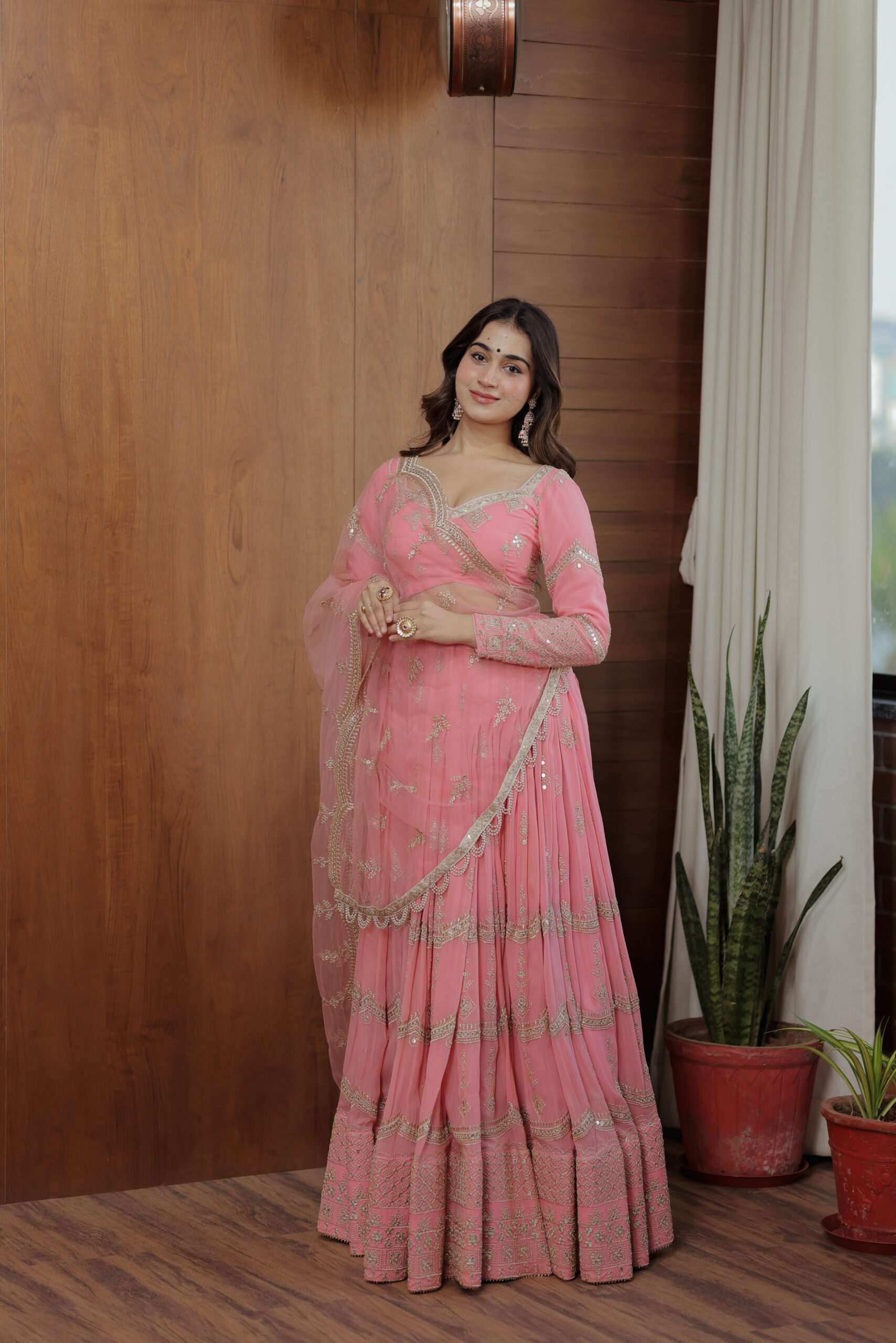 Baby Pink Net Embroidered Lehenga Set