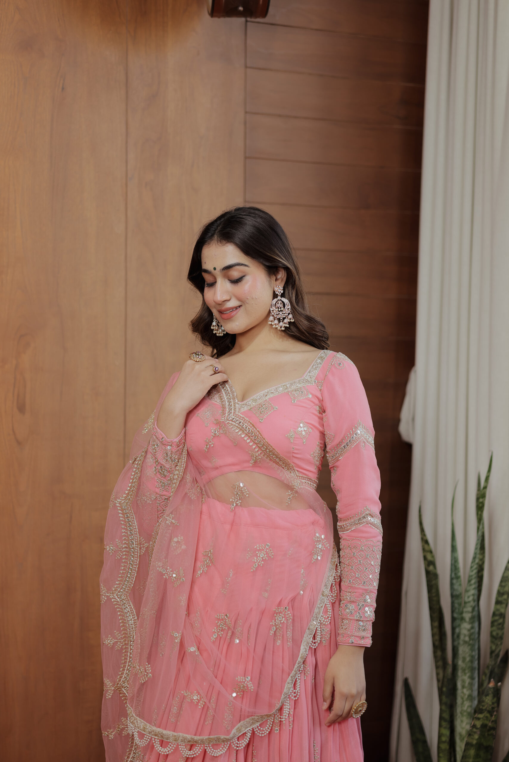 Baby Pink Net Embroidered Lehenga Set