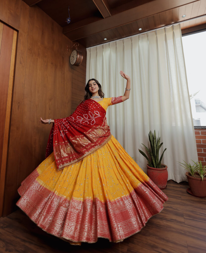 Yellow Georgette Lehenga Set with Red Dupatta