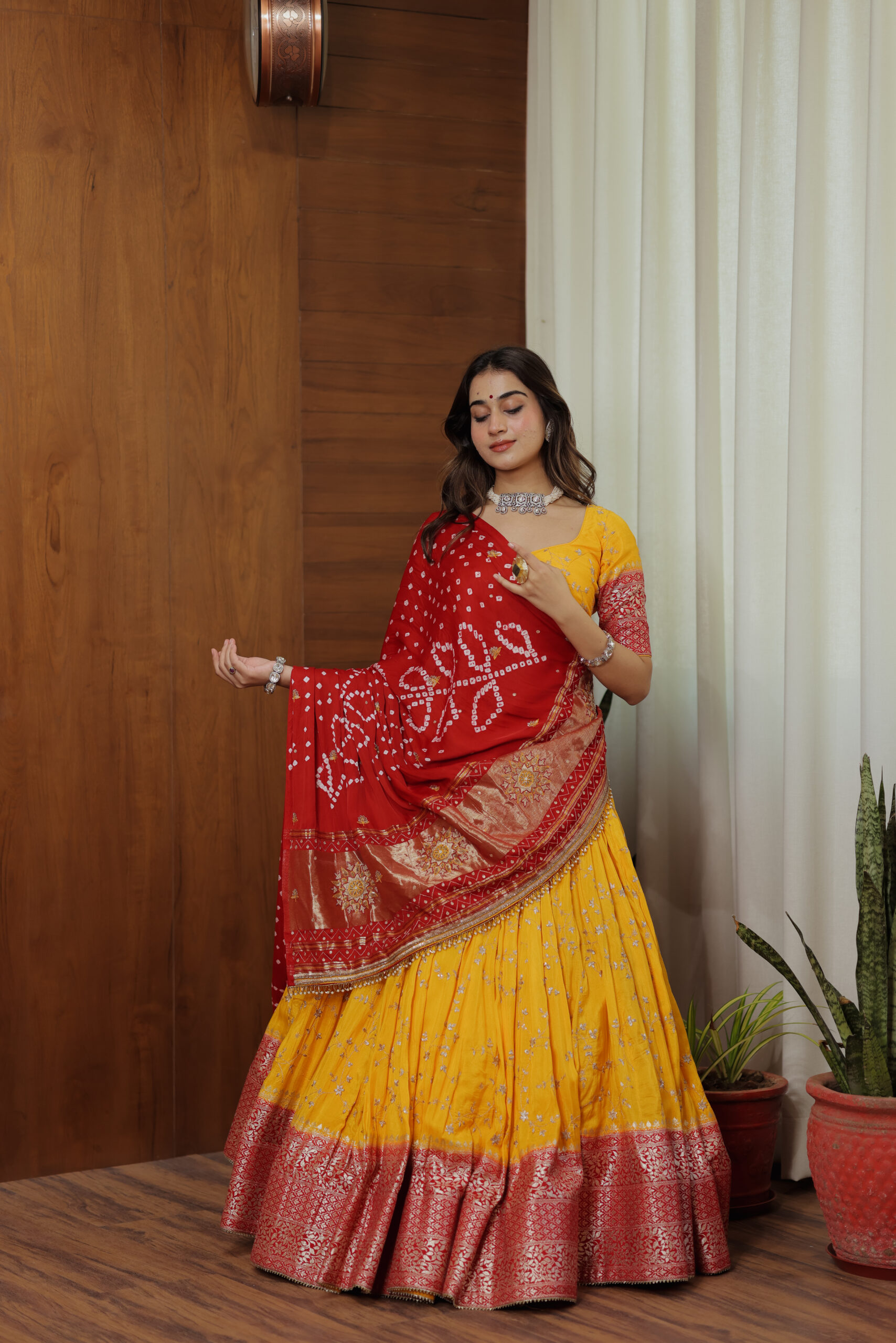 Yellow Georgette Lehenga Set with Red Dupatta